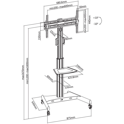 Techly ICA-TR35 Βάση στήριξης τροχήλατη μεταβαλλόμενη με ράφι LCD TV / LED 32-65"