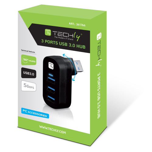 TECHLY IUSB3-HUB3-ROTB Mini Rotating Hub με 3 θύρες USB 3.0 Μαύρο