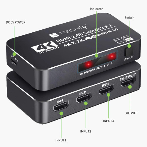 TECHLY IDATA HDMI2-4K3160B HDMI 2.0b Διακόπτης 3 in 1out 4K HDR HDCP2.2 με τηλεχειριστήριο