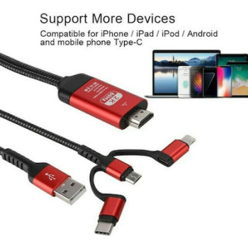 Προσαρμογέας 3 in 1 Mirascreen HDMI 1080P HDTV Cable, 2m Type-C / Micro USB / Lightning Black