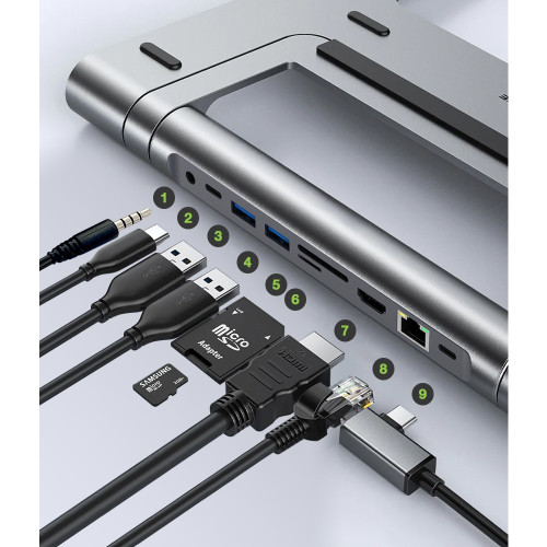 TECHLY ICA-NTB DOCK91 Πτυσσόμενη βάση φορητού υπολογιστή 9 σε 1 USB-C™ Station USB3.1 Hub