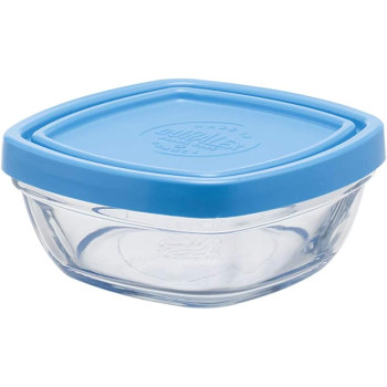 Duralex Freshbox Carré 9019AM12A1111 Food Storage Box with Lid, 9 x 9 cm, 150 ml, Glass, Blue, Pack of 1