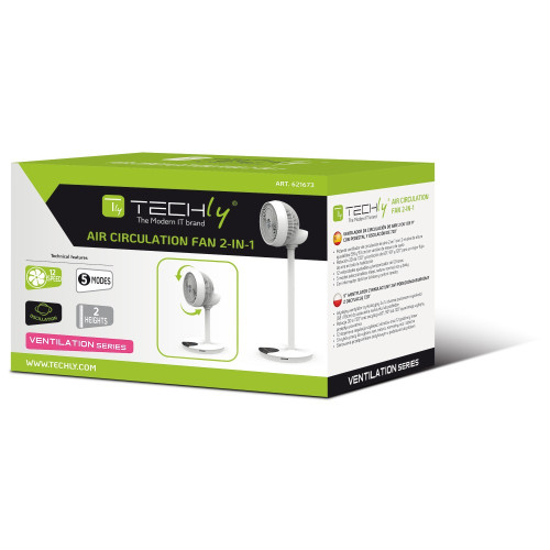 TECHLY IC-FAN-FLS1W Ανεμιστήρας 9" 2 σε 1 με βάση, 2 ύψη, 12 ταχύτητες, τηλεχειριστήριο, περιστροφή 720° και χρονοδιακόπτη
