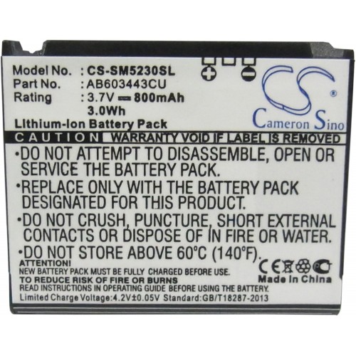 800mah Battery for Samsung Ab603443cc; Gt-s5230c, Sgh-s5230 Tocco Lite Star