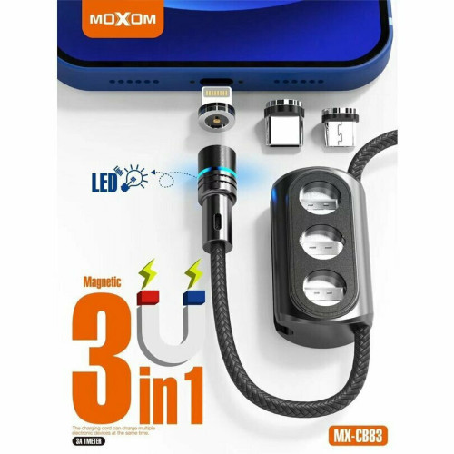 Moxom Magnetic USB to Lightning / Type-C / micro USB Cable Μαύρο 1m