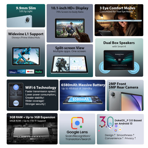 Blackview Quad-Core Tablet 10.1′ (4GB+64GB) TAB70 Wifi Android 13 Grey