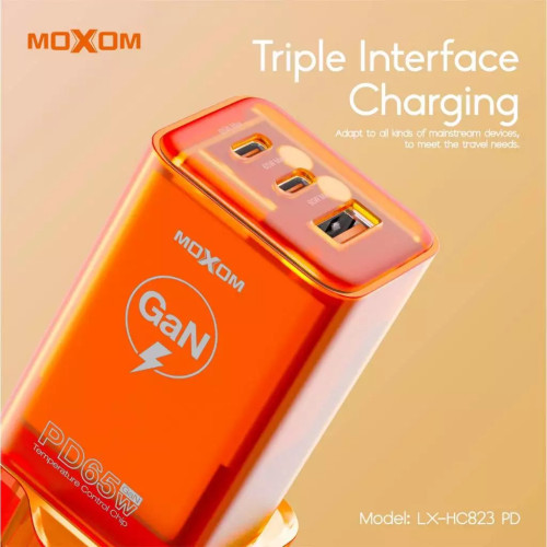 MOXOM LX-HC823PD GAN 65W FAST CHARGER with Type-C to Type-C Cable Black
