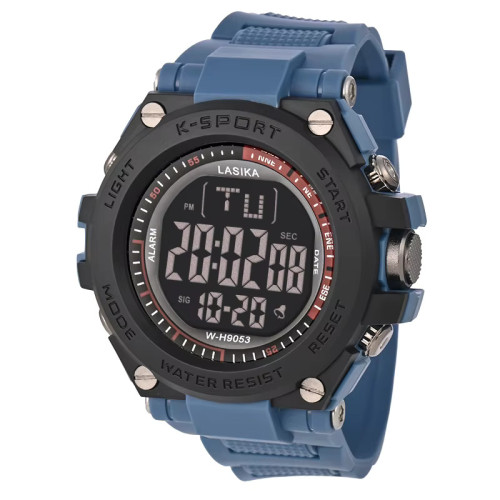 LASIKA W-H9053 Ανδρικό αθλητικό ψηφιακό ρολόι με πυξίδα Ανθεκτικό σε κραδασμούς Λουράκι από ρητίνη Αδιάβροχο Με λειτουργία ξυπνητηριού Καντράν 50 mm για αναρρίχηση Μπλε