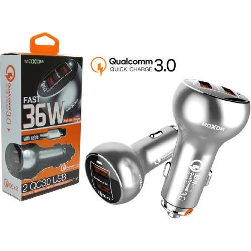 Moxom Φορτιστής Αυτοκινήτου KC-13 36W 3A Γρήγορης Φόρτισης με Θύρες: 2xUSB μαζί με Καλώδιο Lightning Ασημί