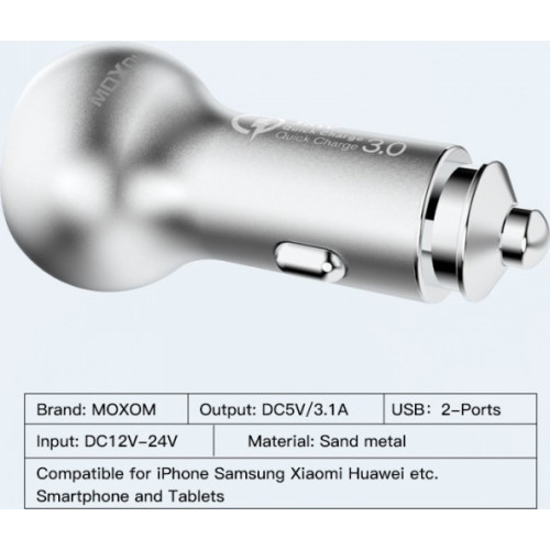 Moxom Φορτιστής Αυτοκινήτου KC-13 36W 3A Γρήγορης Φόρτισης με Θύρες: 2xUSB μαζί με Καλώδιο Lightning Ασημί