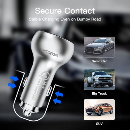 Moxom Φορτιστής Αυτοκινήτου KC-13 36W 3A Γρήγορης Φόρτισης με Θύρες: 2xUSB μαζί με Καλώδιο Lightning Ασημί