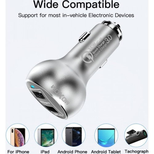 Moxom Φορτιστής Αυτοκινήτου KC-13 36W 3A Γρήγορης Φόρτισης με Θύρες: 2xUSB μαζί με Καλώδιο Lightning Ασημί