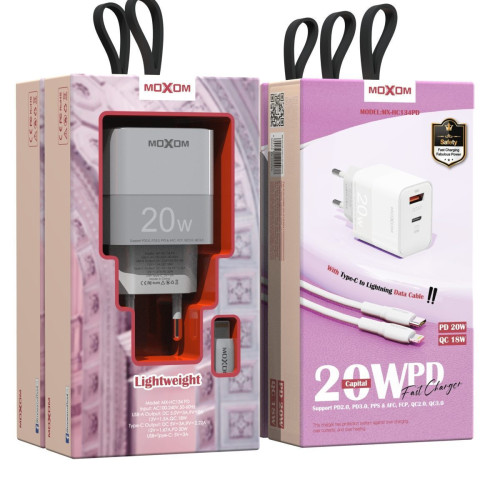 Moxom Φορτιστής με Θύρα USB-A και Θύρα USB-C και Καλώδιο USB-C - Lightning 20W Λευκός (MX-HC134PD)