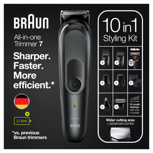 Braun All-In-One Trimmer 7 10 in 1 Σετ Επαναφορτιζόμενης Κουρευτικής Μηχανής Μαύρο MGK7321